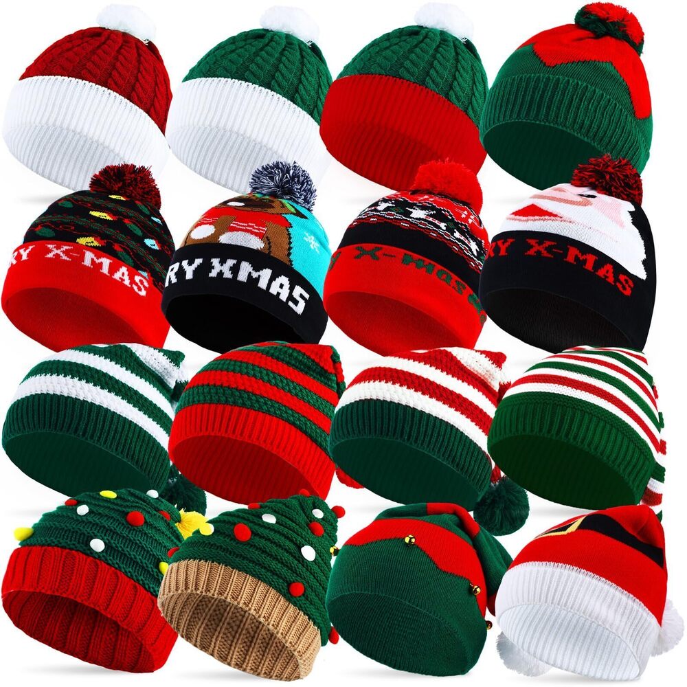 6961 16 Pcs Santa Hats Bulk Christmas Knitted Elf Hats Xmas Beanie Winter